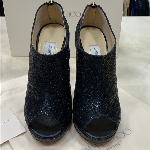 JIMMY CHOO GLINT KID LEATHER BLACK PLATFORM BOOTIES W/SNAKE PLATFORM HEEL SZ 8.5 - Picture 6 of 8